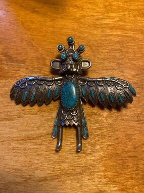 Turquoise Inlay Thunderbird Brooch Pendant Vintage Kachina Sancrest